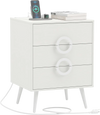 Modern white nightstand with three drawers, power outlets, and cable hole for organized charging in any bedroom.
