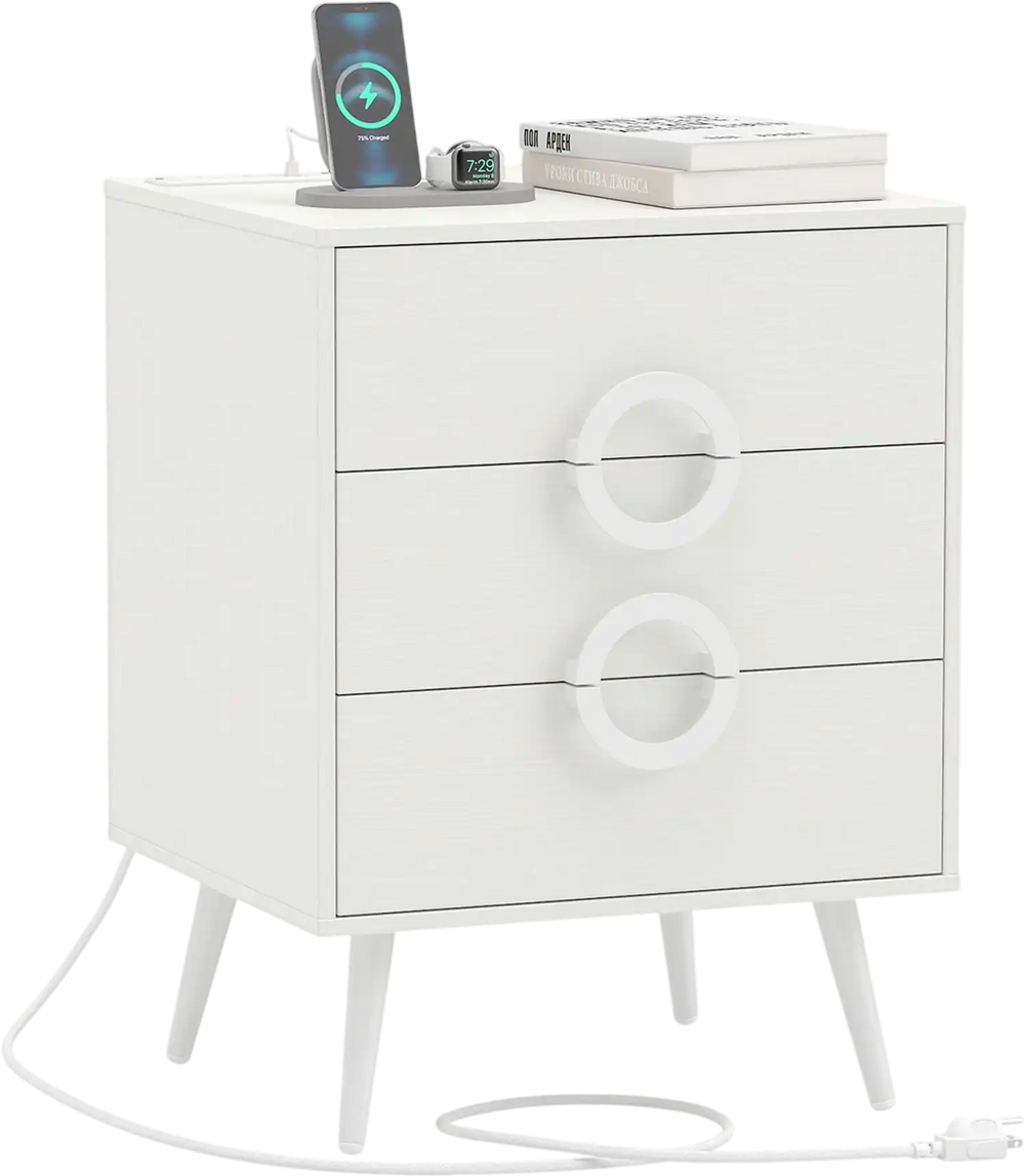 Modern white nightstand with three drawers, power outlets, and cable hole for organized charging in any bedroom.