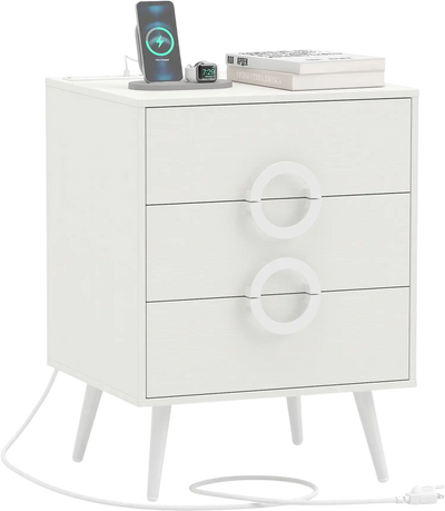 Costway Nightstand Bedside Table w/ Power Outlets 3 Drawers Cable Hole 24960438 New