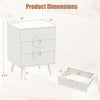 Modern white nightstand with three drawers, power outlets, and cable hole, ideal for bedside organization and charging.