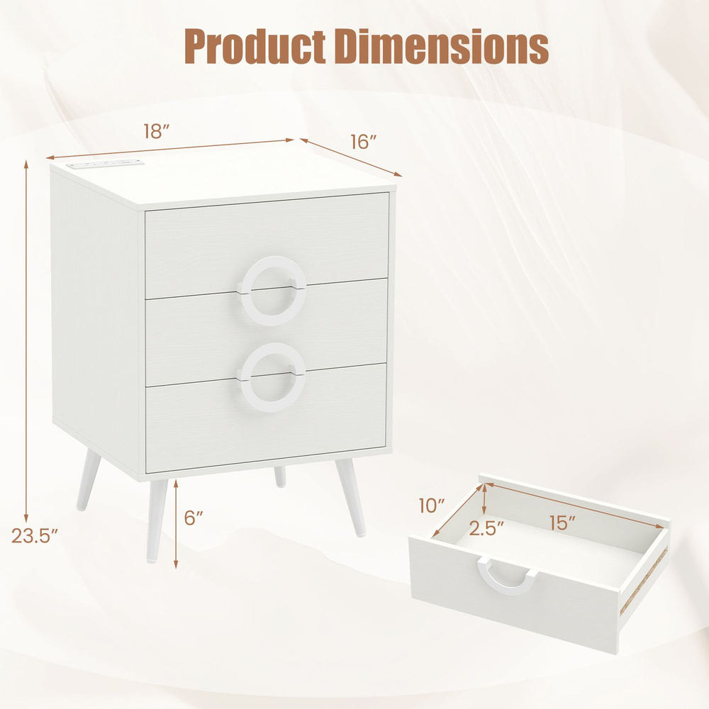 Modern white nightstand with three drawers, power outlets, and cable hole, ideal for bedside organization and charging.