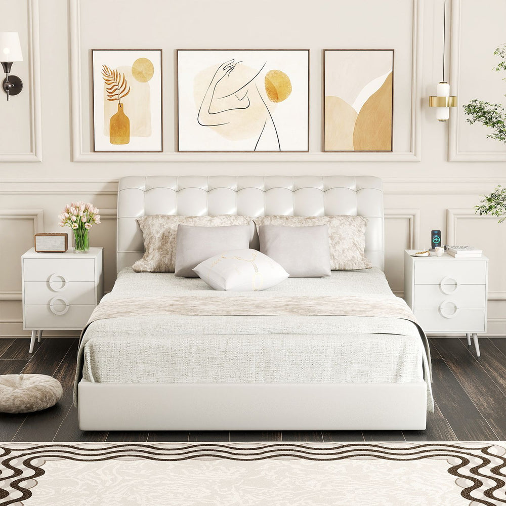 Modern white nightstand with power outlets, three drawers, and cable hole for organized charging in a stylish bedroom setting.