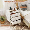 Modern white nightstand featuring a wide tabletop, three pull-out drawers, and convenient power outlets for bedside use.