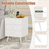 Modern white nightstand with three drawers, power outlets, and cable hole for organized charging and easy access.
