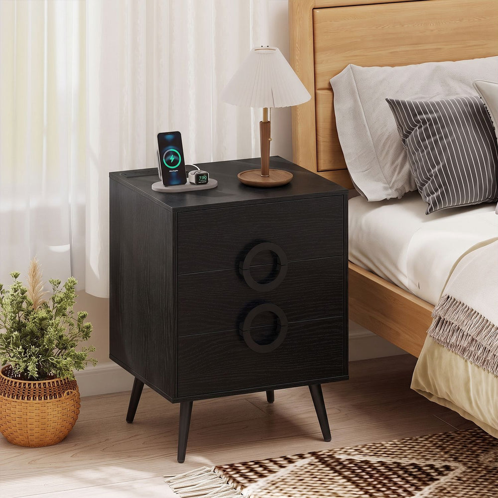 Nightstand with Power Outlets and 3 Drawers Modern Bedside Table with Cable Hole-Black - Gallery View 1 of 9