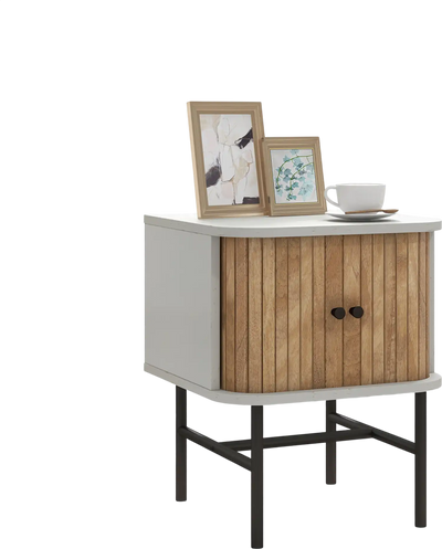 Costway Mid-Century Modern Nightstand Side Table Sliding Doors Storage Cabinet White 82479615 New