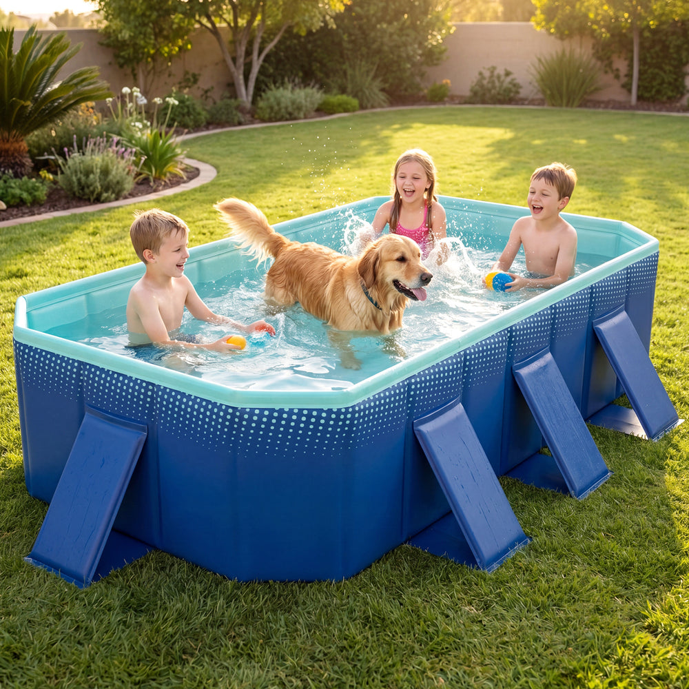 Children and a dog enjoy splashing in the navy non-inflatable swimming pool, perfect for outdoor fun and relaxation.