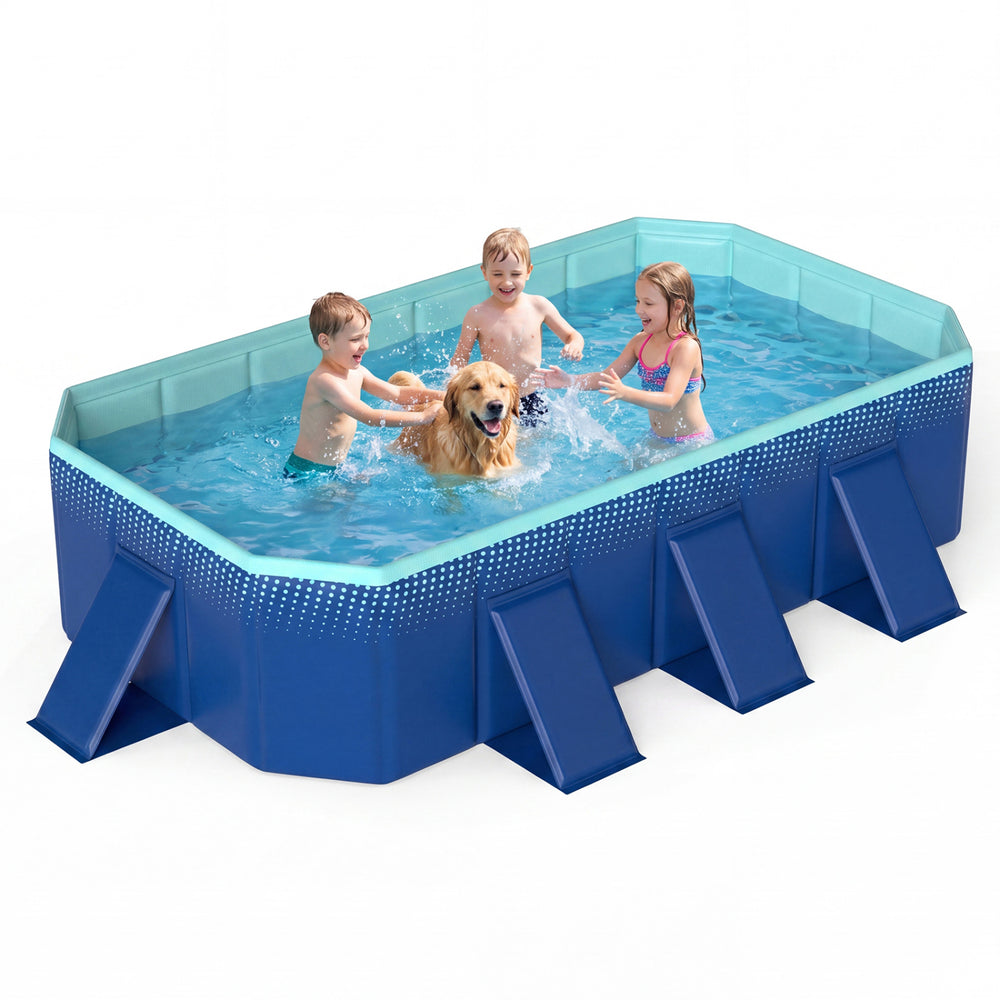 Children playing with a dog in a portable non-inflatable swimming pool, featuring durable PVC and 661 lbs capacity.