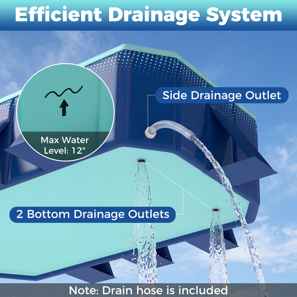 Efficient drainage system with side and bottom outlets on the non-inflatable portable swimming pool for easy emptying.