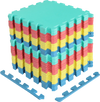 Multicolor interlocking foam tiles stacked, featuring non-slip surface and 0.4" thickness for home gym and living room.
