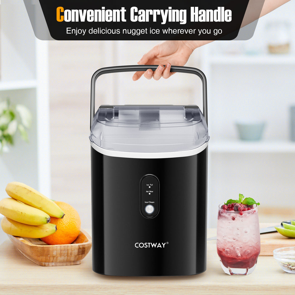 Nugget countertop ice maker in black with a carrying handle, producing soft chewable ice for beverages in just 6.