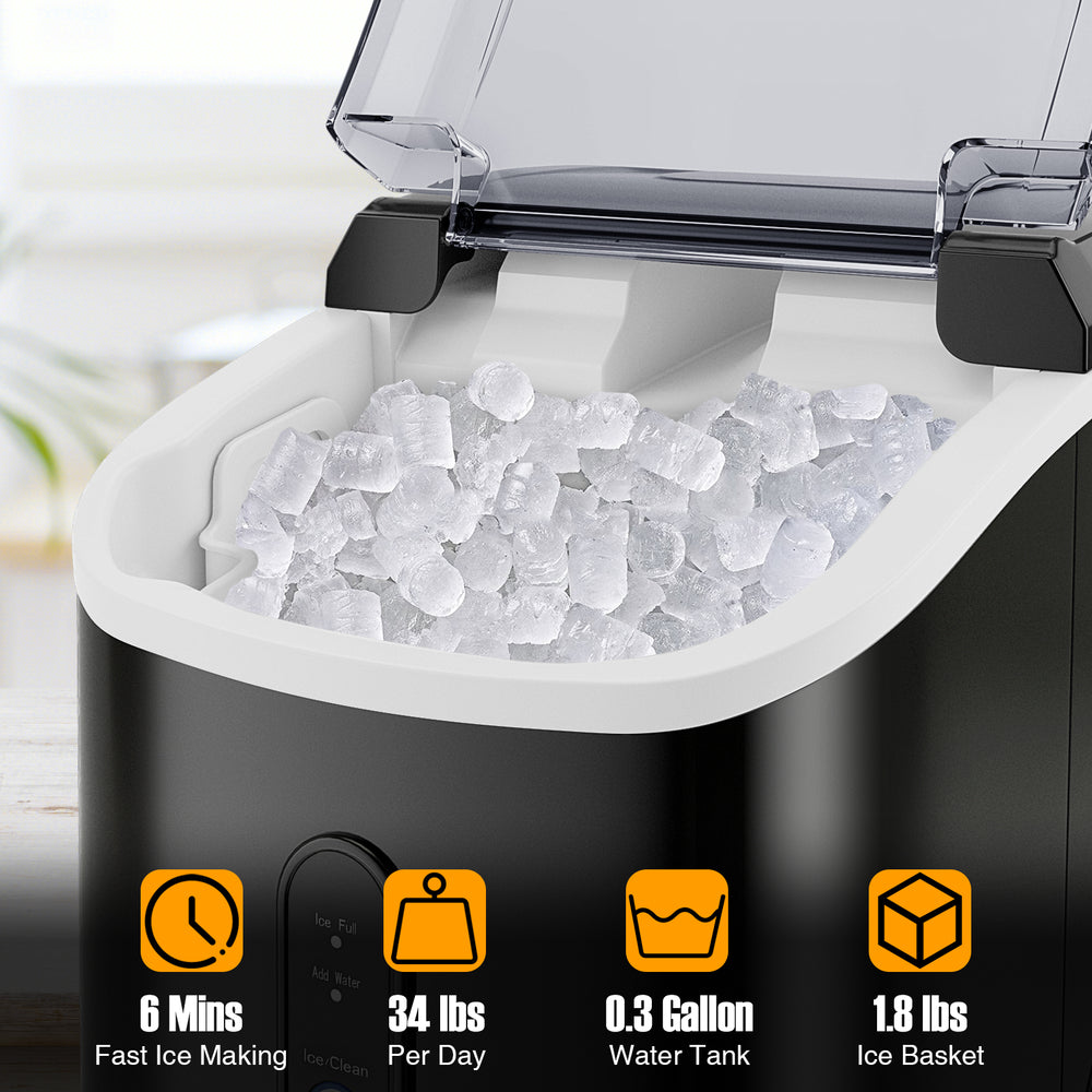 Nugget countertop ice maker in black with a 0.3-gallon tank, producing soft chewable ice in just 6 minutes.