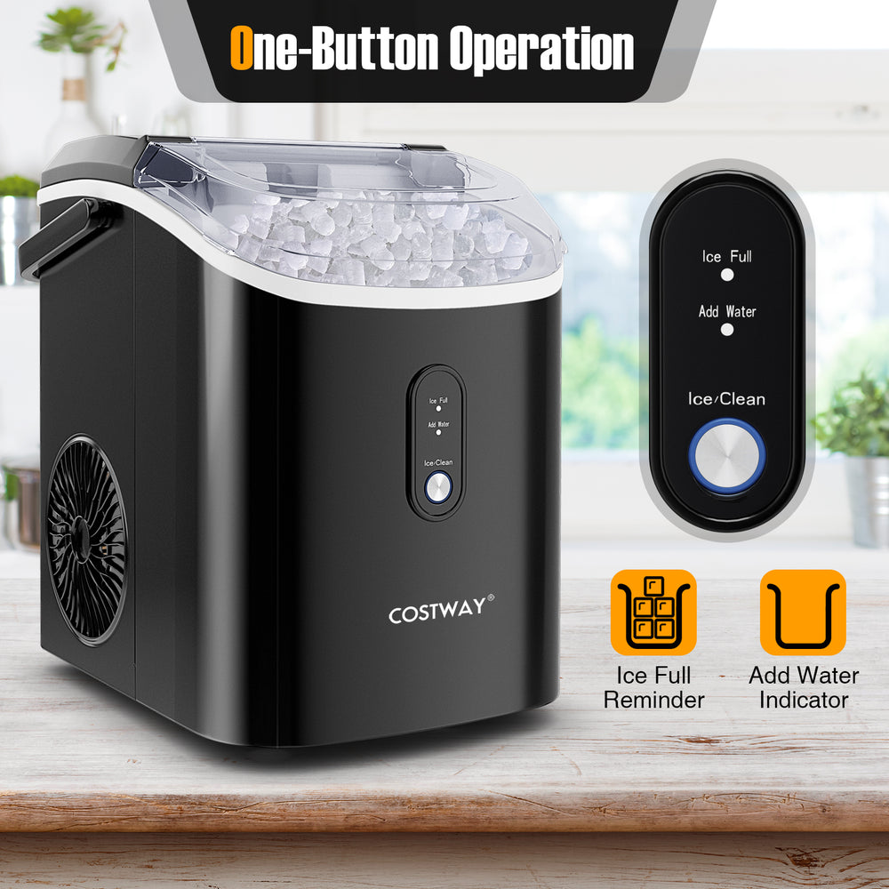 Nugget countertop ice maker in black with one-button operation, producing soft chewable ice for kitchen or office use.