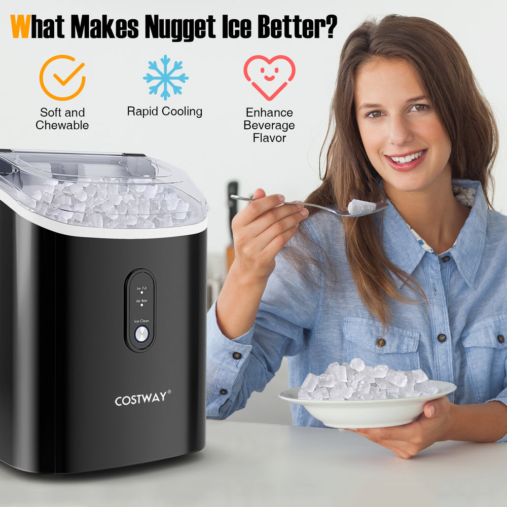 Nugget countertop ice maker in black, producing soft chewable ice quickly for beverages, ideal for kitchen or office.