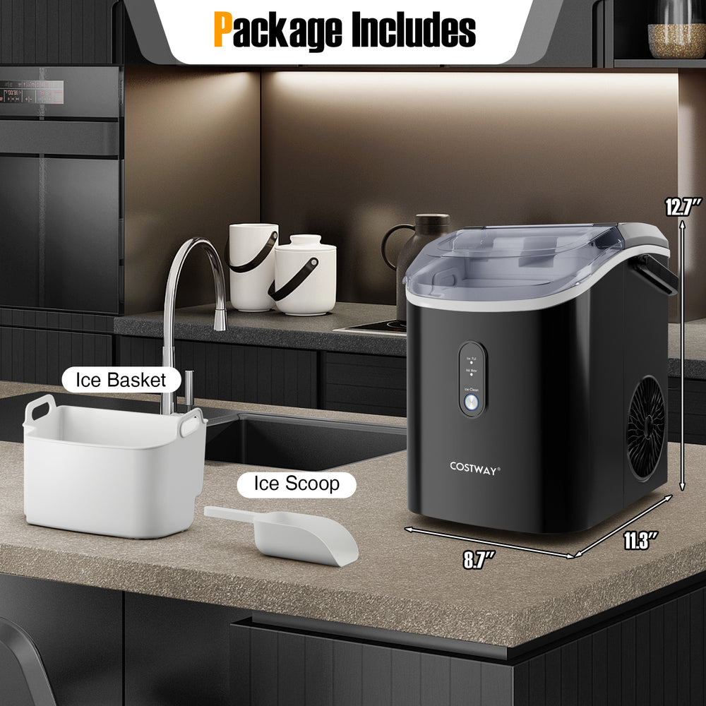 Nugget countertop ice maker in black with ice basket and scoop, designed for quick, chewable ice production.