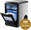 Countertop nugget ice maker in black, producing soft chewable ice, with front-opening door and LED display for.