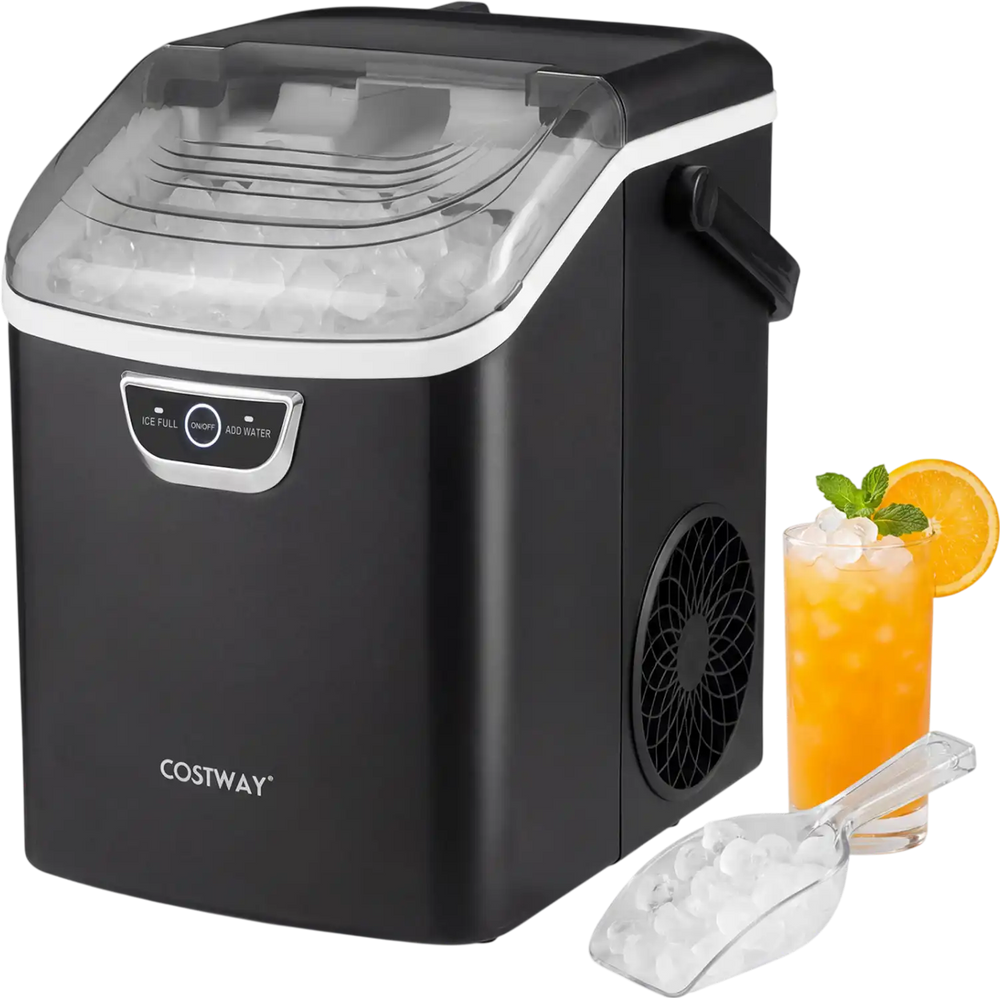 Countertop nugget ice maker in black with ice scoop, producing 33 lbs of soft, flavor-absorbing ice for drinks.