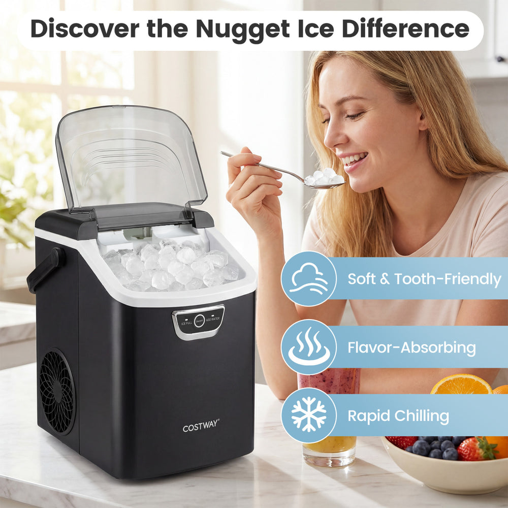 Nugget ice maker in black with a clear lid, producing soft, flavor-absorbing ice for rapid chilling at home.
