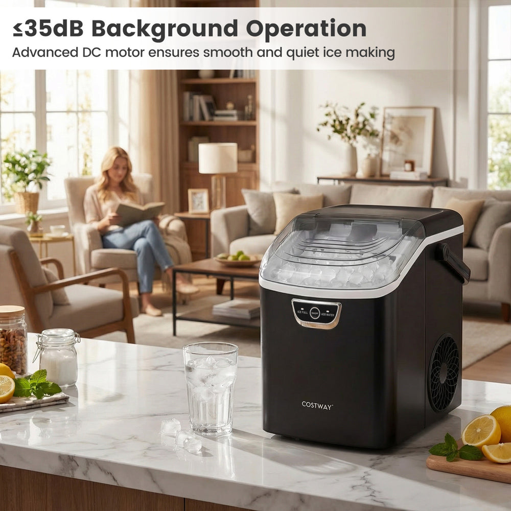 Nugget ice maker in black with a sleek design, producing 33 lbs of ice daily for quick chilling and convenience.