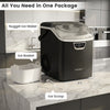 Nugget ice maker in black with ice basket and scoop, featuring a compact design for easy countertop use.