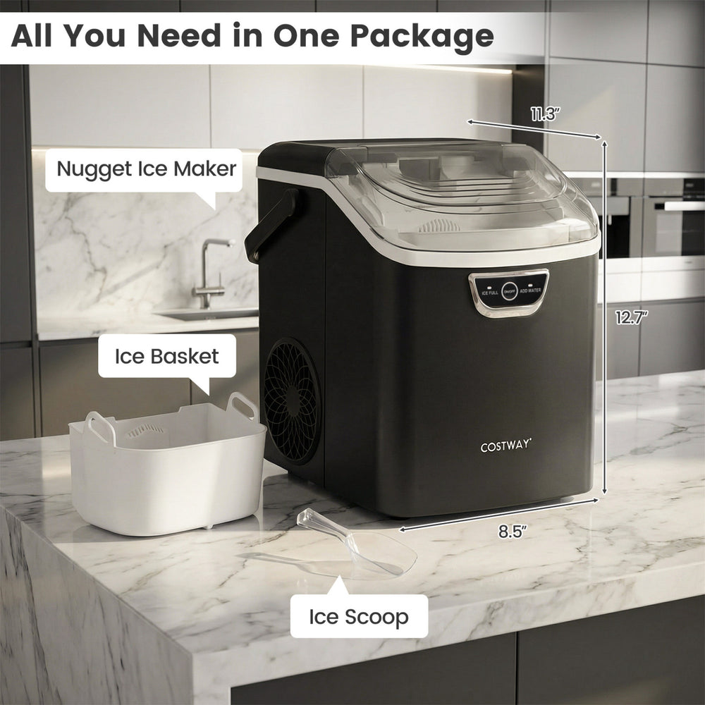 Nugget ice maker in black with ice basket and scoop, featuring a compact design for easy countertop use.