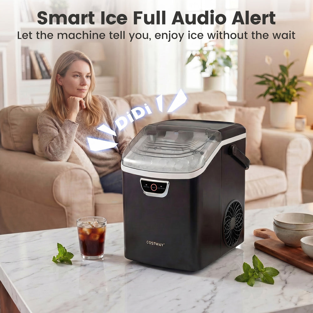 Nugget ice maker in black with audible alert, producing 33 lbs of ice daily for effortless chilling and convenience.