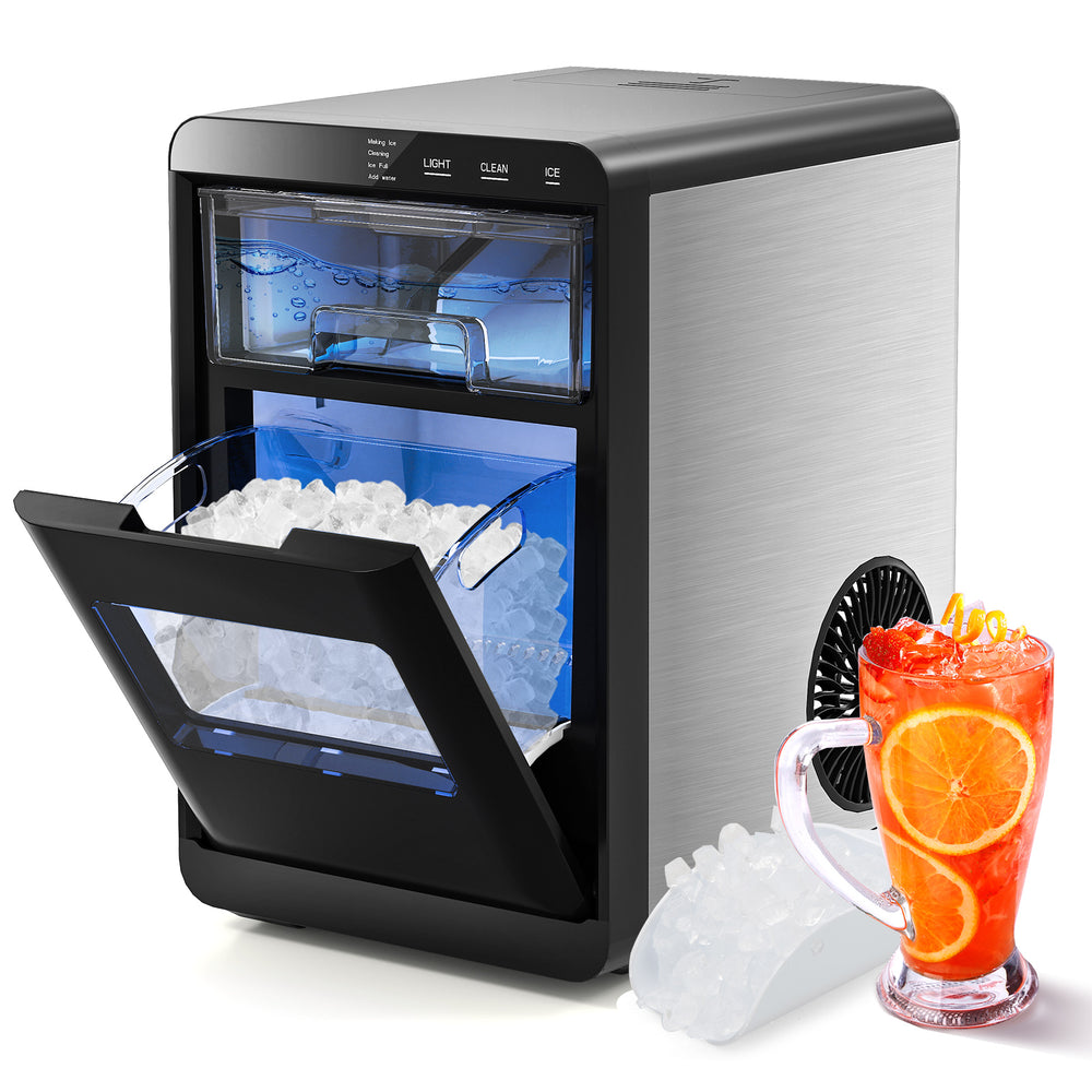 Countertop nugget ice maker in black, producing soft chewable ice with a front-opening door and intuitive touch panel.