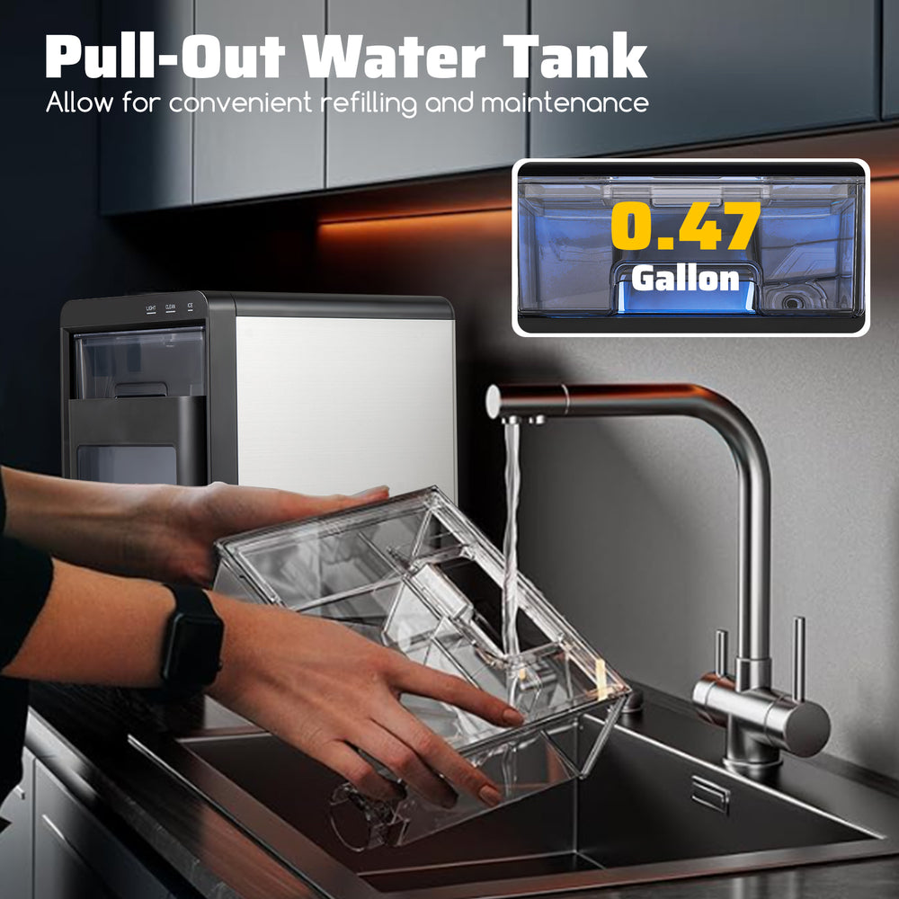 Pull-out water tank for Nugget Ice Maker, allowing convenient refilling and maintenance with a 0.47-gallon capacity.