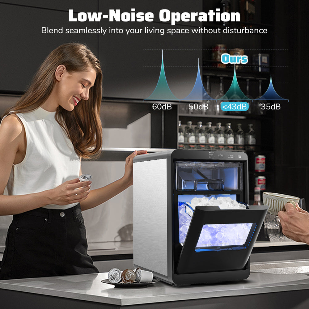 Nugget ice maker countertop in black, featuring a front-opening door and intuitive touch panel for easy ice retrieval.
