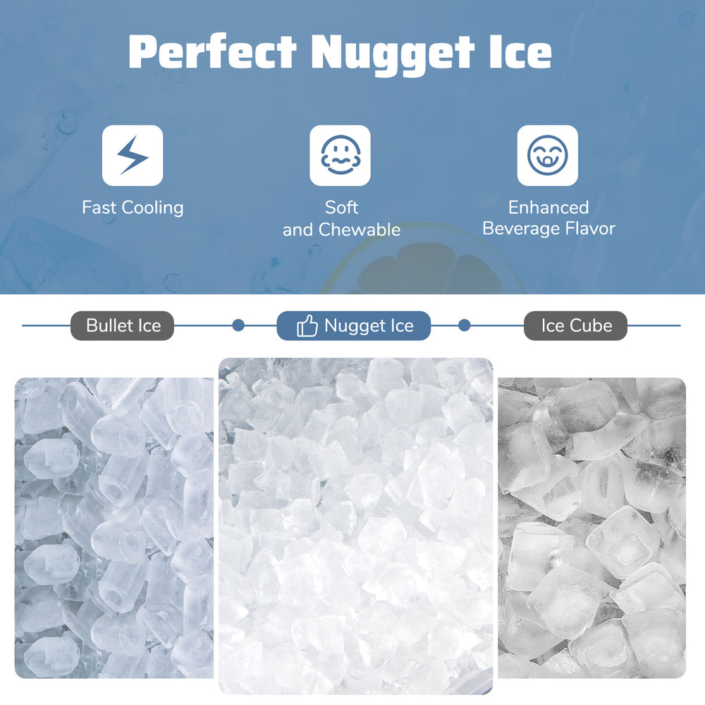 Nugget ice maker countertop in black, producing soft chewable ice for enhanced beverage flavor and fast cooling.