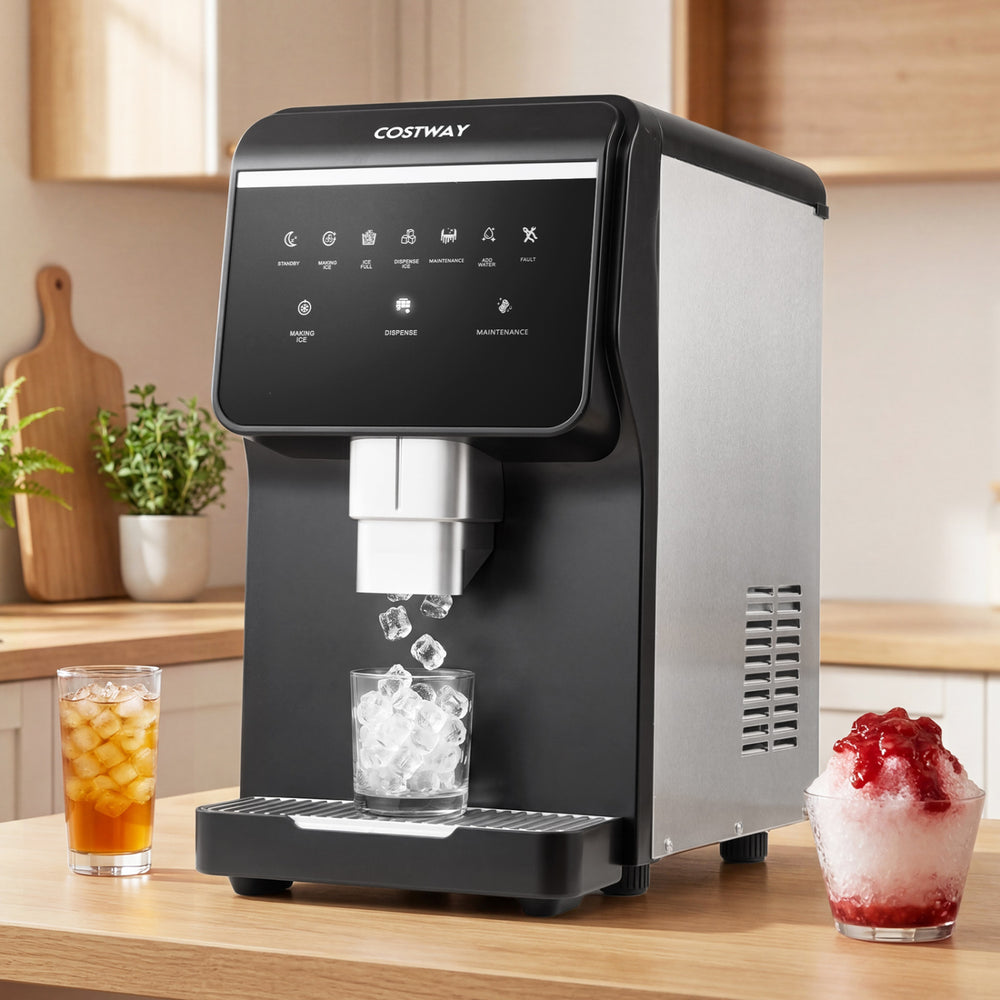 Nugget ice maker with self-dispensing feature produces 80 lbs of chewable ice daily, ideal for home or office use.