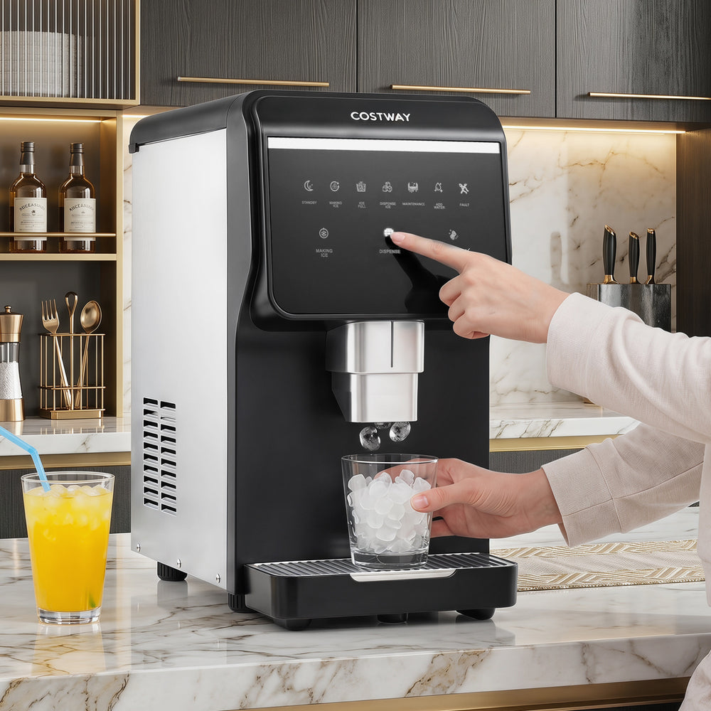 Single glass filled with chewable nugget ice dispensed from the COSTWAY ice maker, perfect for cooling beverages.