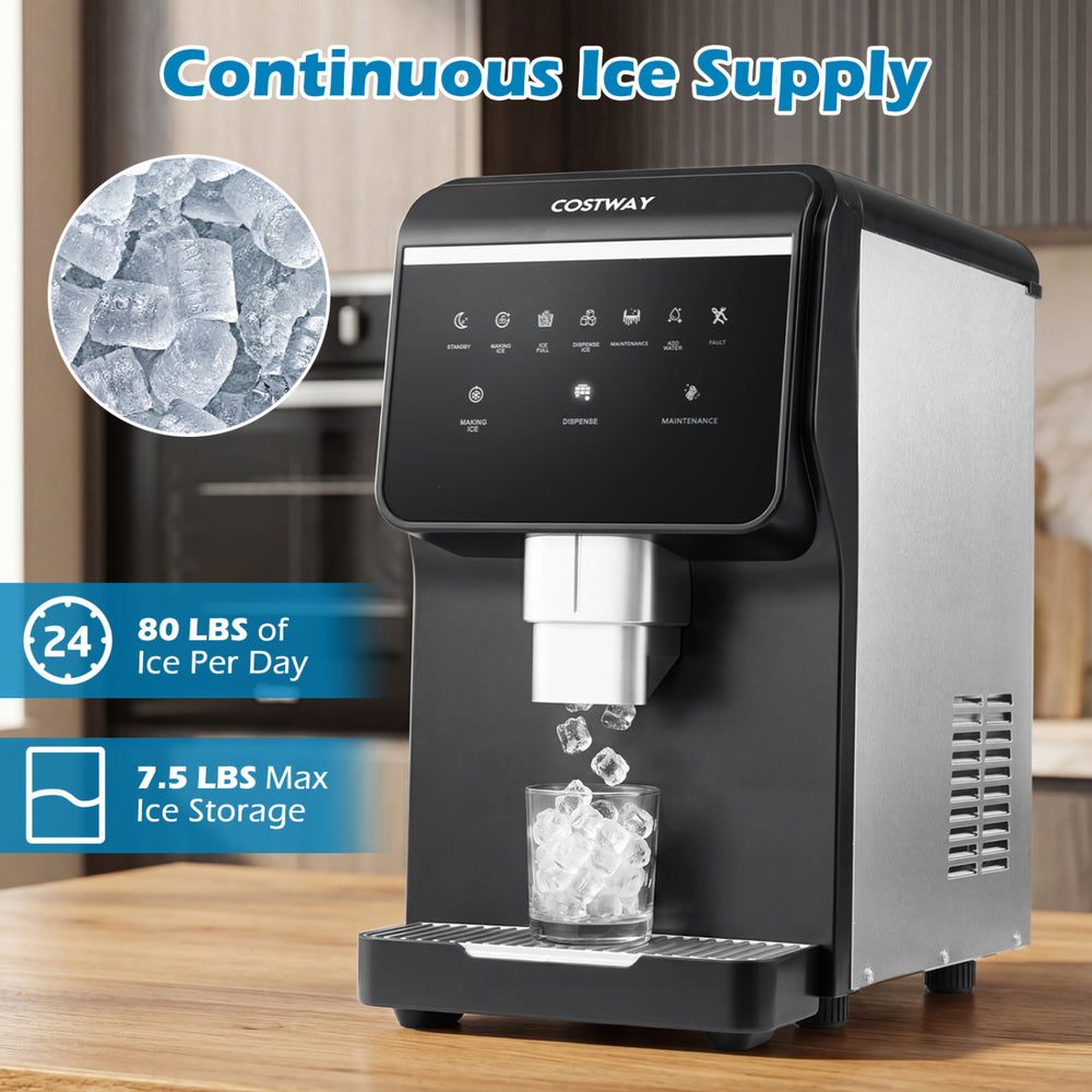 Nugget ice maker with self-dispensing feature produces 80 lbs of chewable pellet ice daily for convenient use.