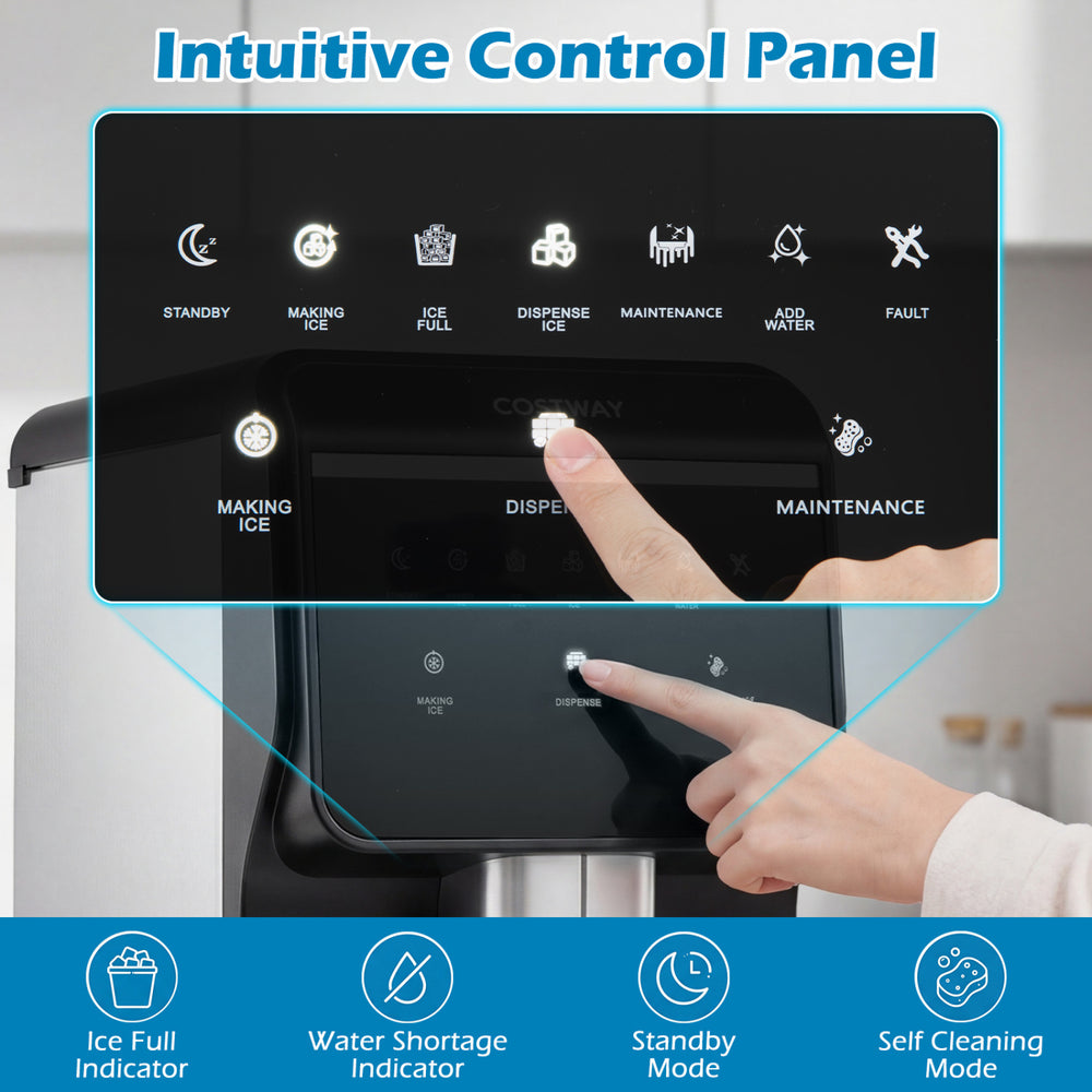 Intuitive control panel of the Nugget Ice Maker features indicators for water shortage and ice fullness for easy operation.