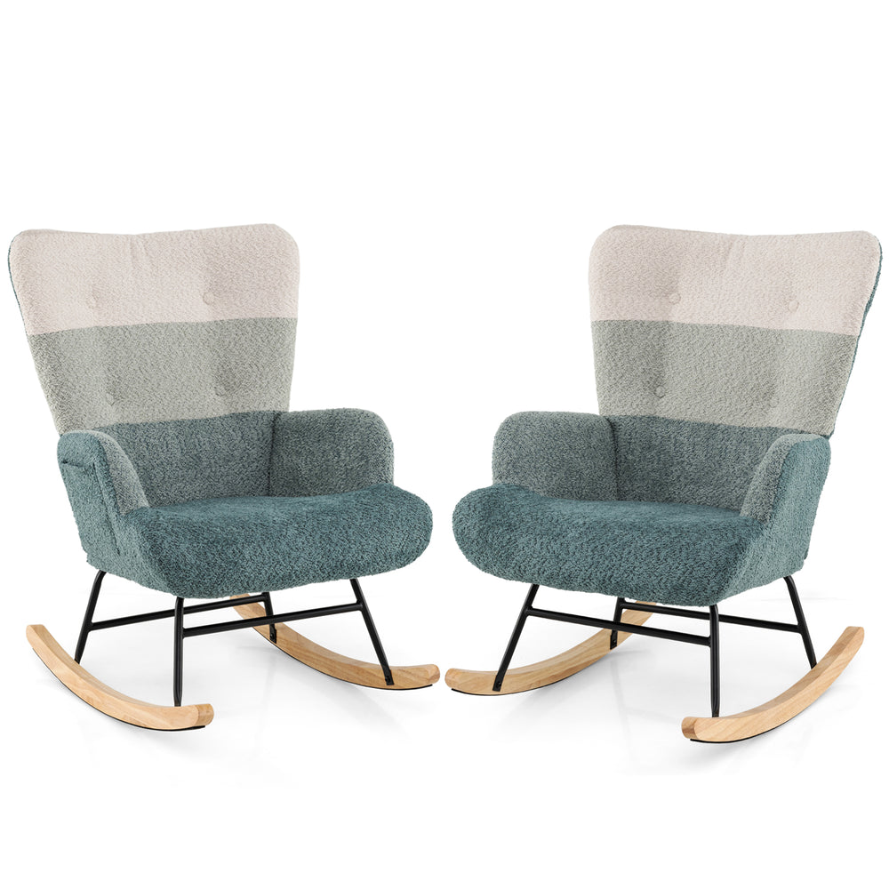 Nursery rocking chairs in boucle fabric with ergonomic armrests, high backrest, and rubber wood base for safe.