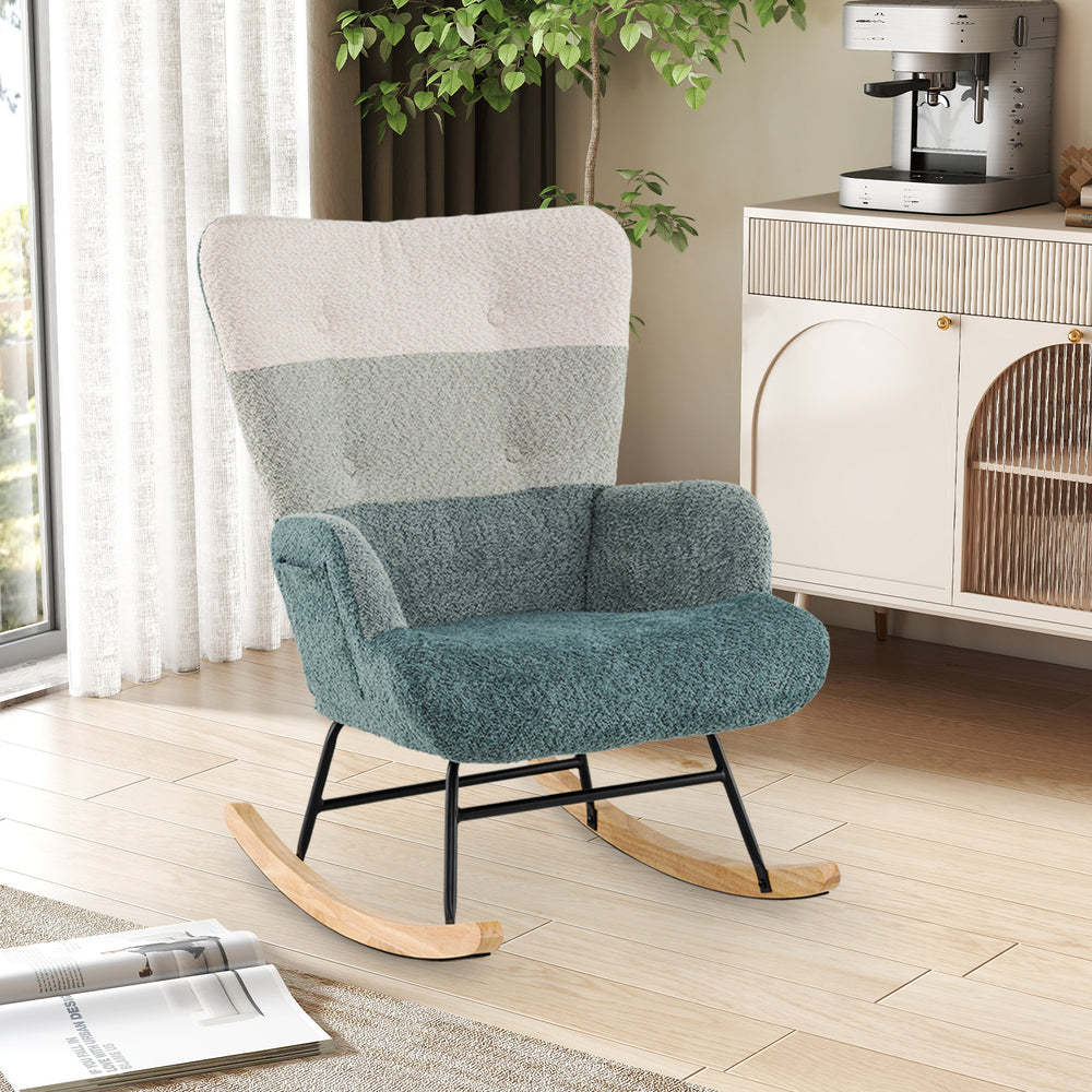 Nursery rocking chair with a gentle rocking motion, ergonomic design, and cozy boucle fabric, ideal for relaxation in.