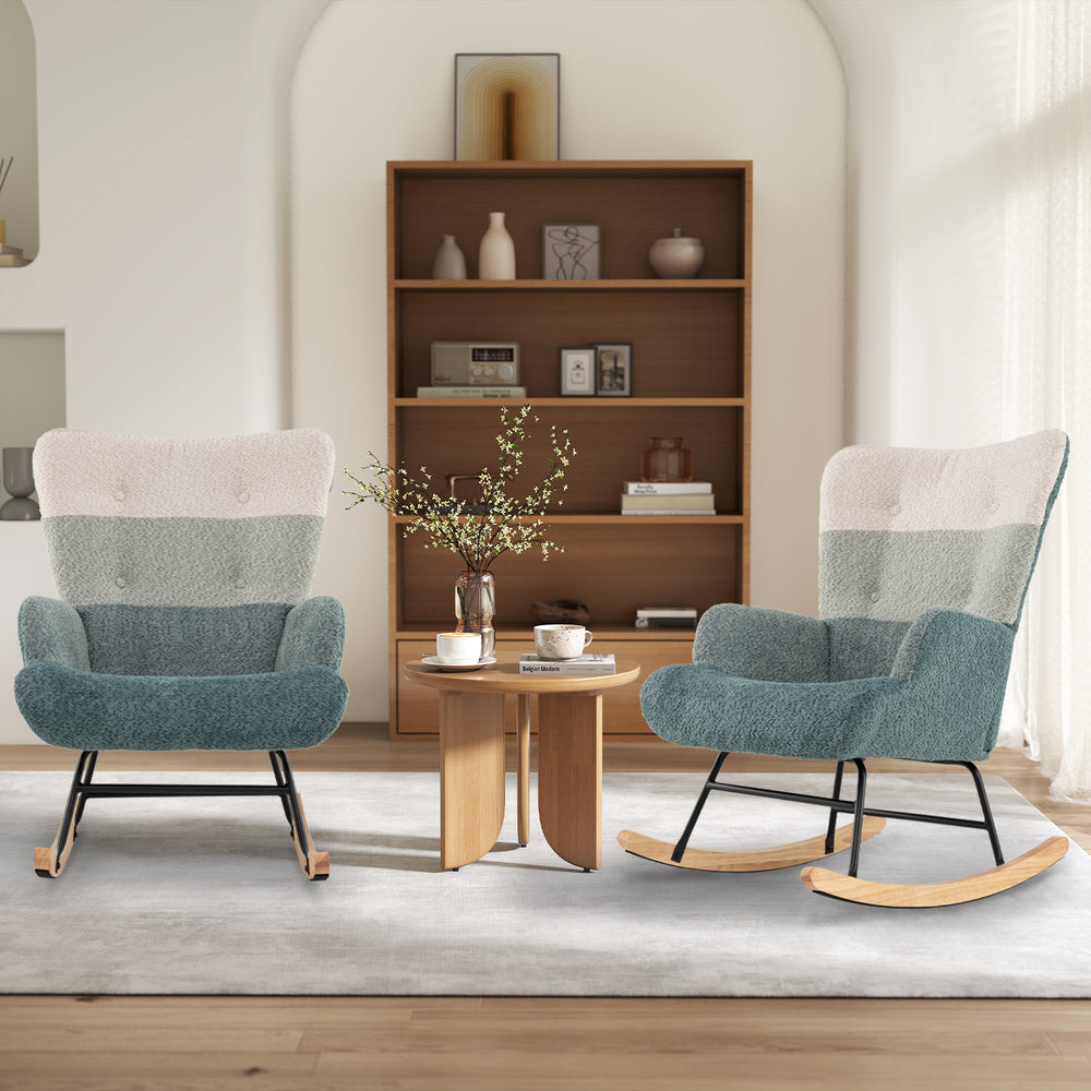 Nursery rocking chairs in boucle fabric with ergonomic armrests and high backrest, perfect for living room relaxation.