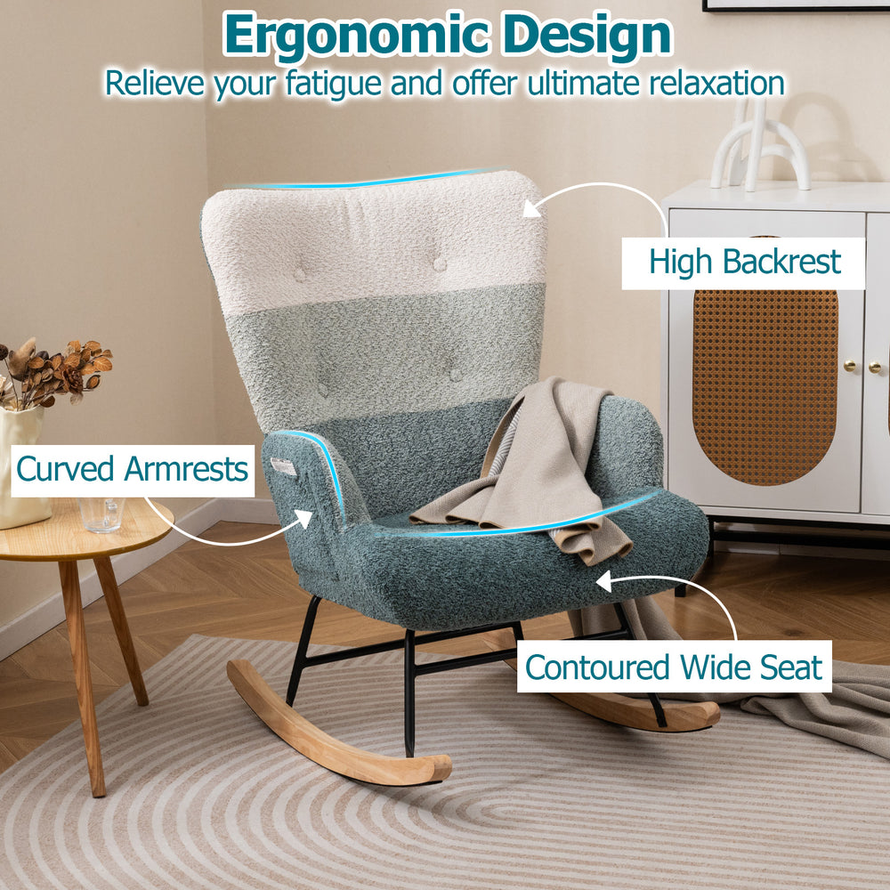 Nursery rocking chair with ergonomic armrests, high backrest, and cozy boucle fabric for ultimate relaxation in any.