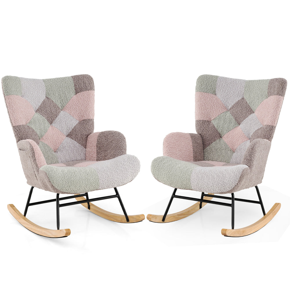 Nursery rocking chair in boucle fabric with ergonomic armrests and high backrest, perfect for living room relaxation.