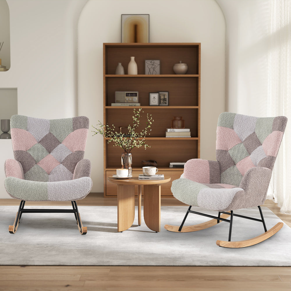 Cozy nursery rocking chair featuring a high backrest and plush boucle fabric, ideal for stylish living room decor.
