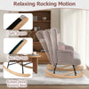 Nursery rocking chair with ergonomic armrests, rubber wood base, and cozy boucle fabric, perfect for living room.