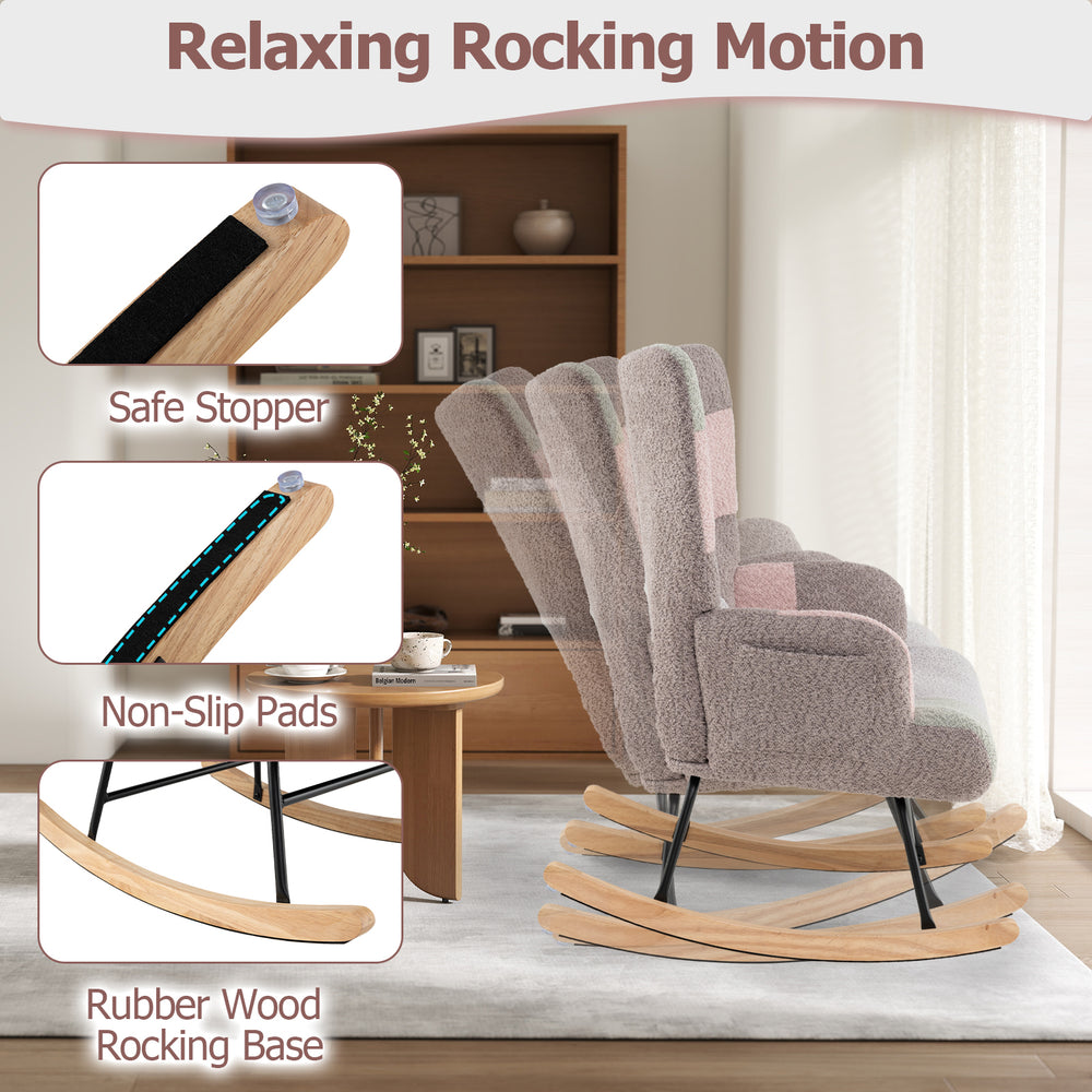 Nursery rocking chair with ergonomic armrests, rubber wood base, and cozy boucle fabric, perfect for living room.