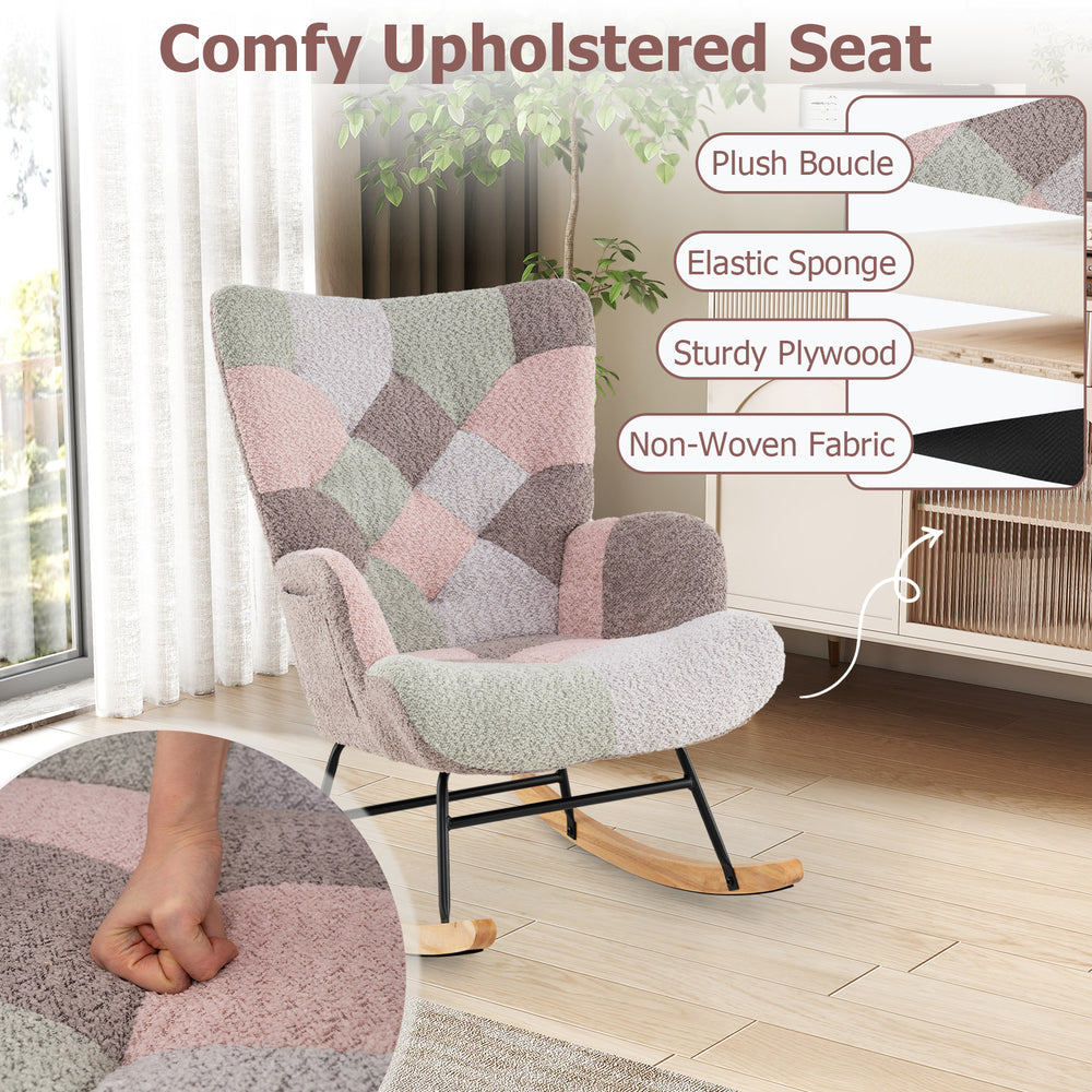 Nursery rocking chair with ergonomic armrests, plush boucle fabric, and sturdy plywood base for ultimate relaxation.