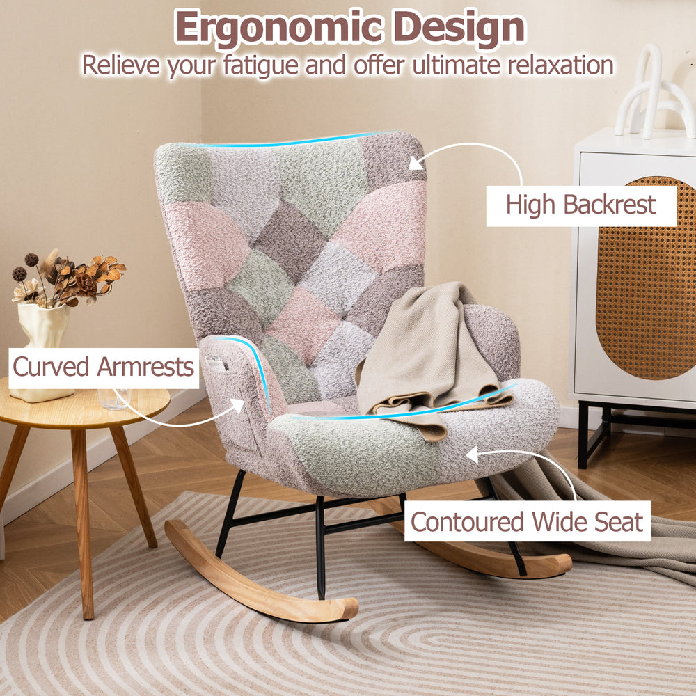 Nursery rocking chair with ergonomic armrests, high backrest, and cozy boucle fabric for ultimate relaxation in any.