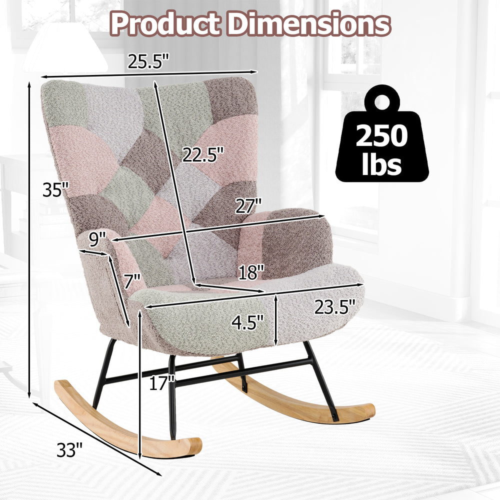 Nursery rocking chair with ergonomic armrests, boucle fabric, and rubber wood base, ideal for living room relaxation.