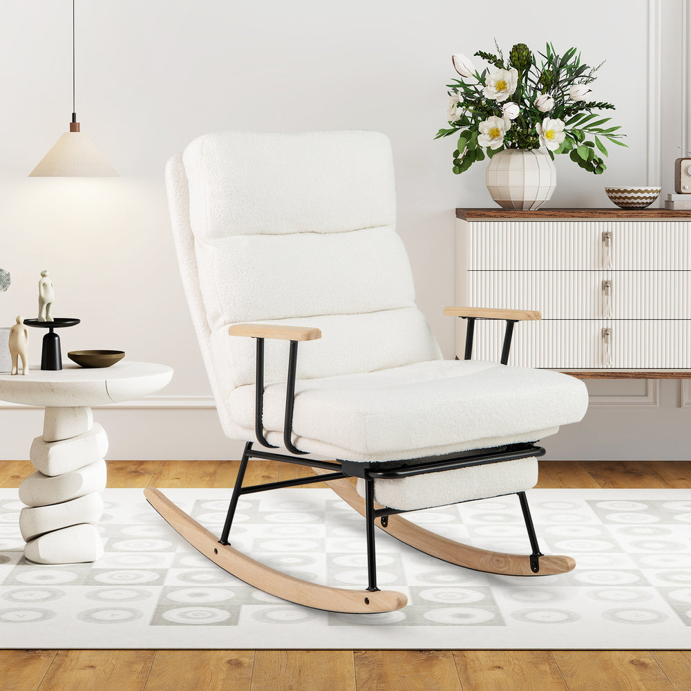 White teddy velvet upholstered nursery rocking chair with adjustable backrest and curved rubber wood feet for ergonomic.