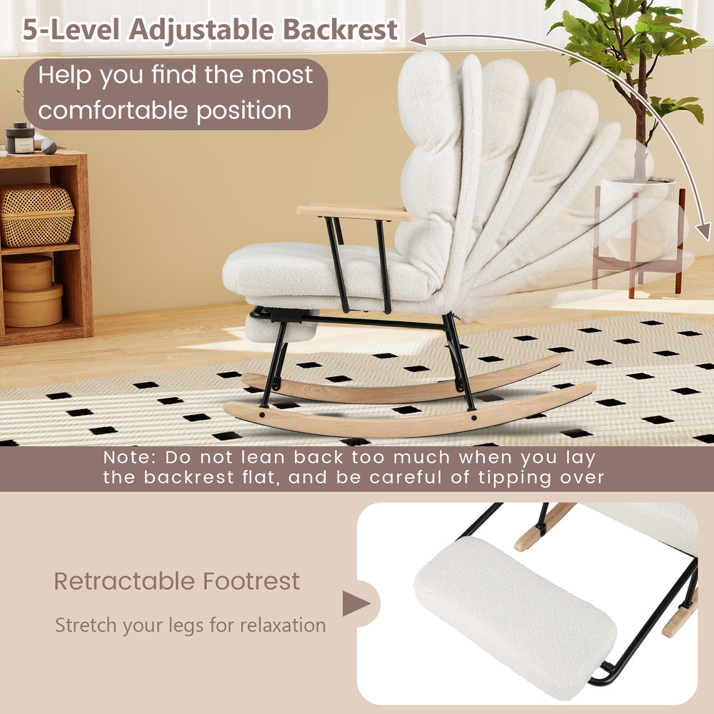 Nursery rocking chair in white teddy velvet with 5-level adjustable backrest and retractable footrest for ergonomic.