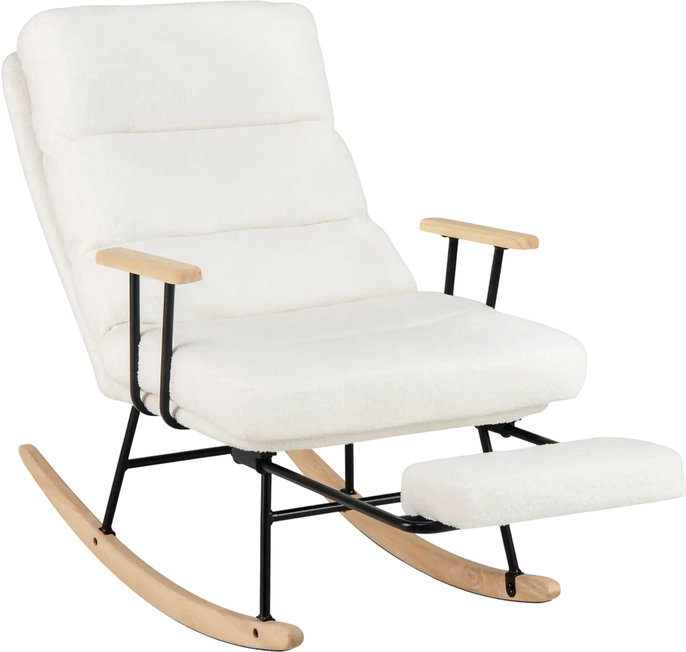 White teddy velvet rocking chair with a high backrest and smooth armrests, featuring a retractable footrest for added.