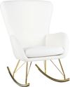 White nursery rocking chair with curved backrest, soft sponge filling, and gold electroplated legs for ergonomic.