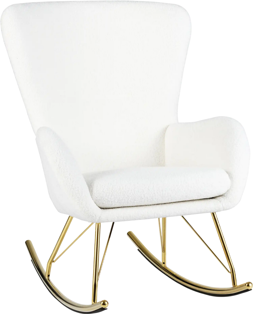 White nursery rocking chair with curved backrest, soft sponge filling, and gold electroplated legs for ergonomic.
